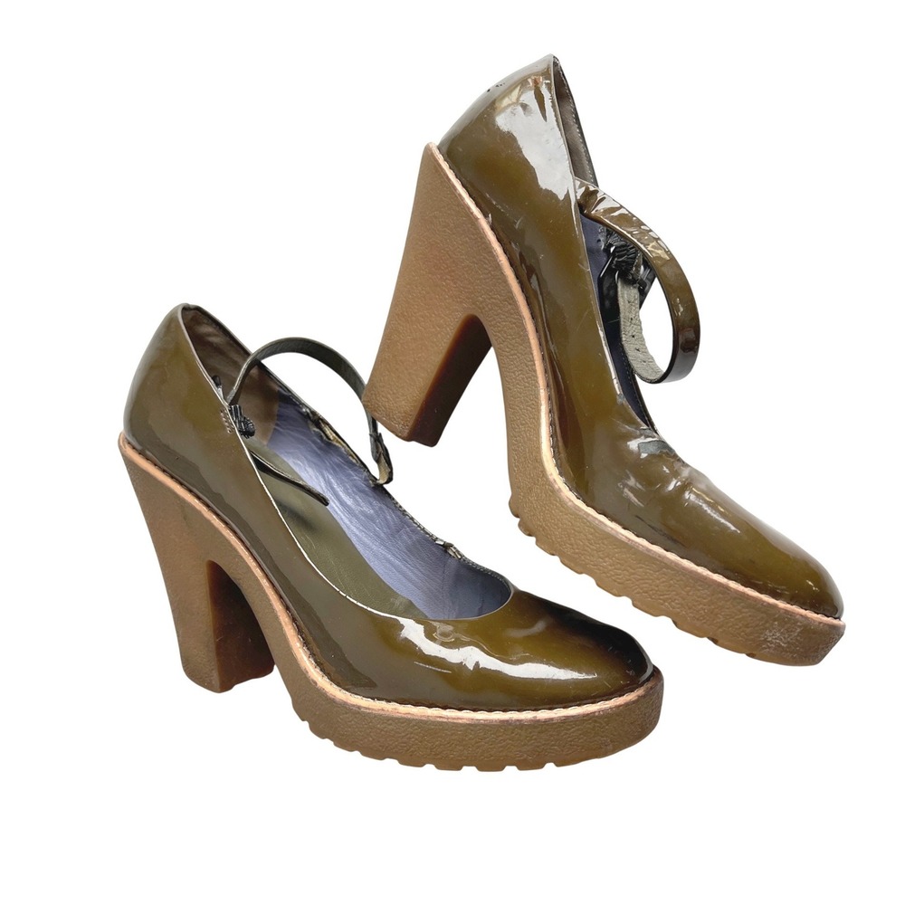 Marc Jacobs Olive Green Patent Leather Platform Mary Jane Block Heels Size 37.5 - Picture 7 of 11